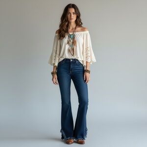 Dear John Rosie Flare Jeans – Size 27 – Dark Wash Fringe Hem – 34” Inseam